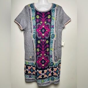 Gray Embroidered Shift Dress with Pink & Teal Accents